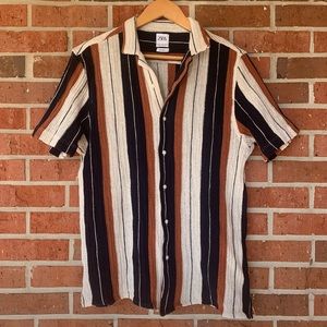 Zara Men’s Cuban Collar Loose Weave Cabana Shirt Stripes Spread Collar Size XL